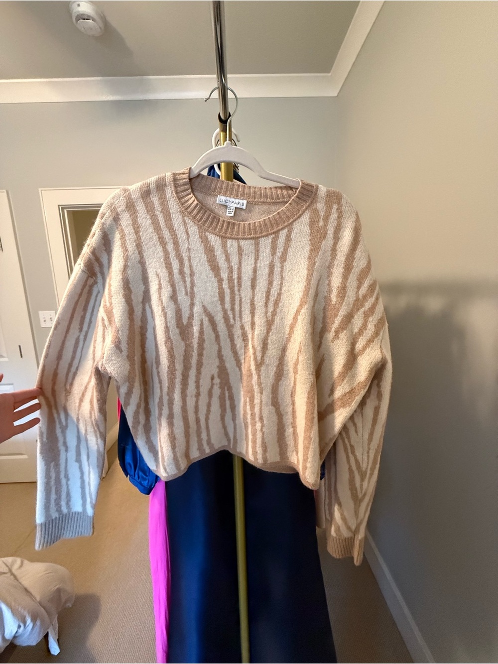 Lucy Paris Beige and Cream Zebra-Print Crewneck Sweater